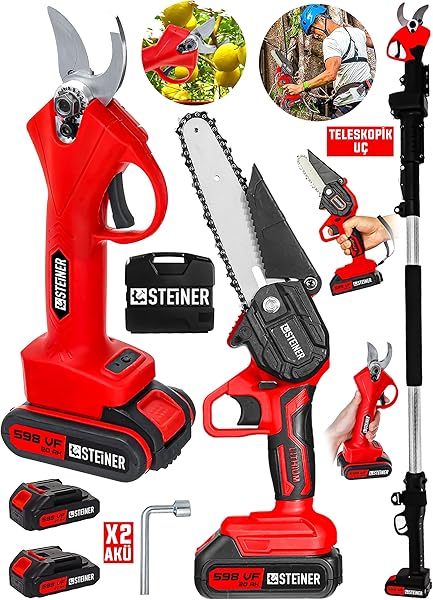 Steiner Alman 598 Vf 20 Ah 2 Li Set 2 Akülü Şarjlı Ağaç Dal Kesme Budama Makası Testere Teleskopik Hediyeli