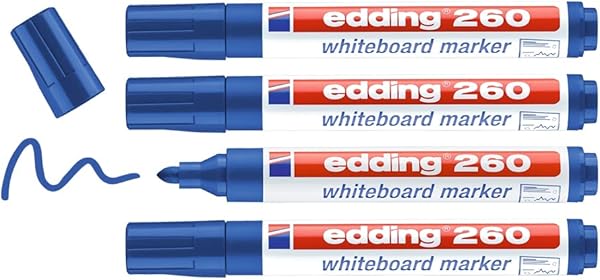edding 260 beyaz yazı tahtası kalemi, mavi, 4'lü set, yuvarlak uç 1,5-3 mm