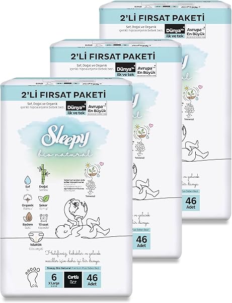 Sleepy Bio Natural 2'li Fırsat Paketi Bebek Bezi 6 Numara Xlarge 138 Adet Cırtlı Bez