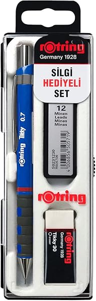 rOtring Tikky Mekanik Kurşun Kalem, Uç ve Silgi Seti, 0,7 mm Kalem, 2B Uç, Orta Boy Silgi, Mavi, 3'lü Set