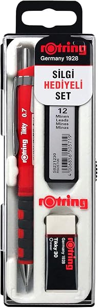 rOtring Tikky Mekanik Kurşun Kalem, Uç ve Silgi Seti, 0,7 mm Kalem, 2B Uç, Orta Boy Silgi, Kırmızı, 3'lü Set