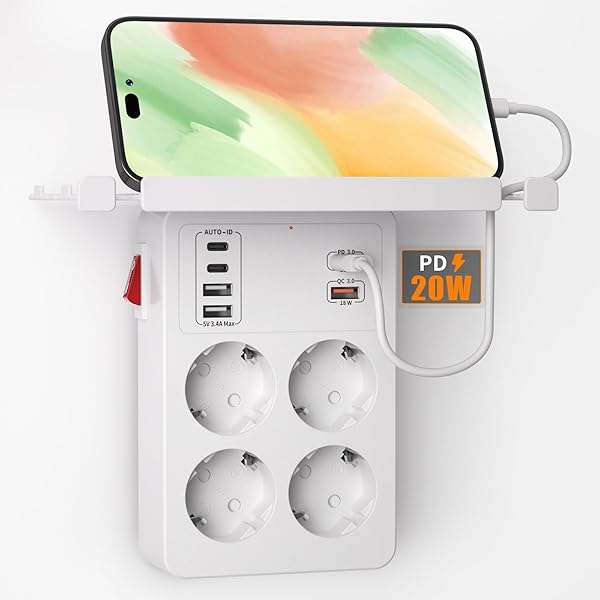 USB soketi PD20W,Güç şeridi PD3.0 ve QC3.0 hızlı şarj ile,Priz Adaptör 4 Priz 6 USB şarj aleti,4'lü Soketli Topraklı Fiş 1 Ay