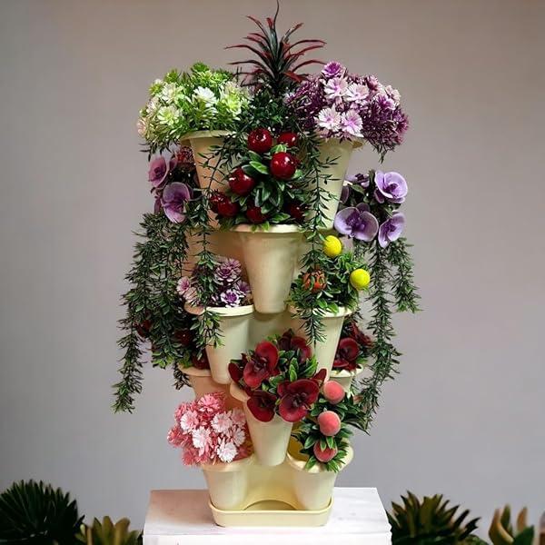 5 Katlı Şanslı Yonca Kule Saksı Seti Çiçek Bitki Sebze Meyve Salon Mutfak Banyo Bahçe Saksı Seti (Krem)