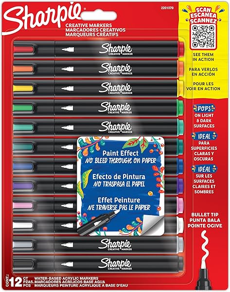 SHARPIE Creative Marker Akrilik Boya Kalemleri | Yuvarlak Uçlu Su Bazlı Boya Kalemi | Mürekkep Kağıda Geçirmez ve Çoğu Yüzey 