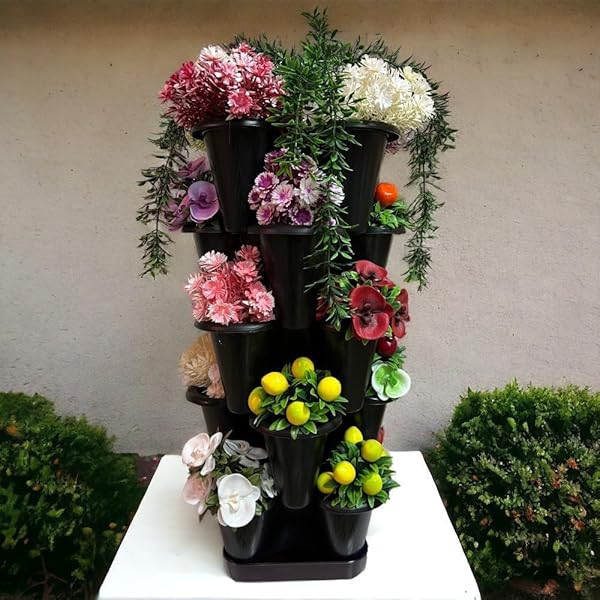 5 Katlı Şanslı Yonca Kule Saksı Seti Çiçek Bitki Sebze Meyve Salon Mutfak Banyo Bahçe Saksı Seti (Siyah)