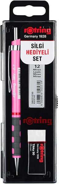 rOtring Tikky Mekanik Kurşun Kalem, Uç ve Silgi Seti, 0,7 mm Kalem, 2B Uç, Orta Boy Silgi, Neon Pembe, 3'lü Set