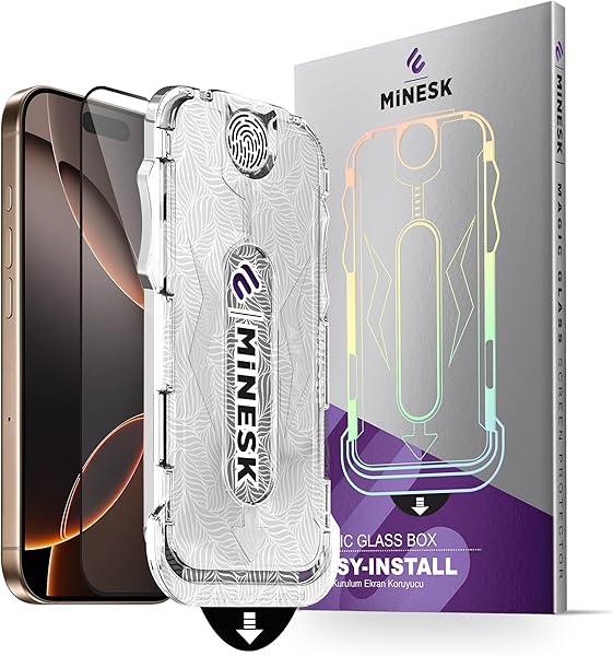 Minesk Magic GLASS iPhone 16 PRO MAX için Ekran Koruyucu Otomatik Hizalama Yeni Nesil Güçlendirilmiş 9H Temperli Cam ve Takıl