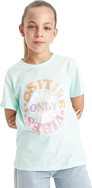 DeFacto Kız Çocuk Bisiklet Yaka Baskılı Kısa Kollu Tişört