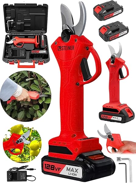 Steiner Alman 128 Vf 10 Ah Profesyonel Çift Akülü Bağ Makası Dal Budama Kesme Makası Makinesi Çantalı Kırmızı