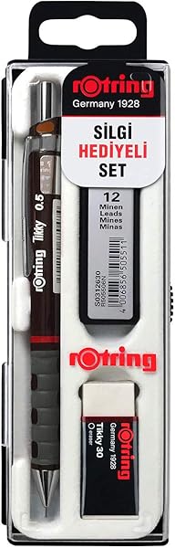 rOtring Tikky Mekanik Kurşun Kalem, Uç ve Silgi Seti, 0,5 mm Kalem, 2B Uç, Orta Boy Silgi, Bordo, 3'lü Set