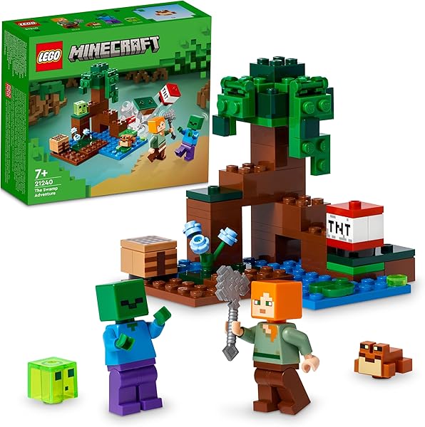 LEGO® Minecraft® Bataklık Macerası 21240-7 Yaş ve Üzeri Çocuklar için Alex, Zombi, Balçık ve Kurbağa İçeren Oyuncak Yapım Set