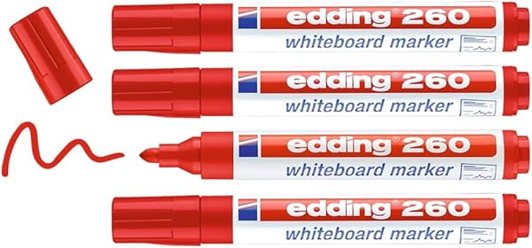 edding 260 beyaz yazı tahtası kalemi, kırmızı, 4'lü set, yuvarlak uç 1,5-3 mm