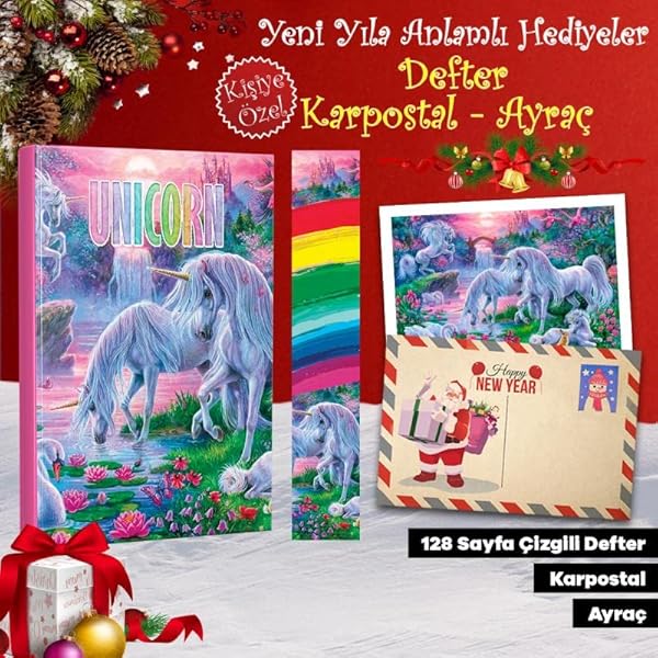 Kişiye Özel Kartpostallı Hediye Seti - 1 Unicorn 128 Sayfa Defter 1 Kartpostal 1 Ayraç