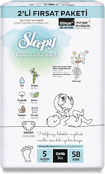 Sleepy Bio Natural 2'li Fırsat Paketi Bebek Bezi 5 Numara Junior 58 Adet Cırtlı Bez