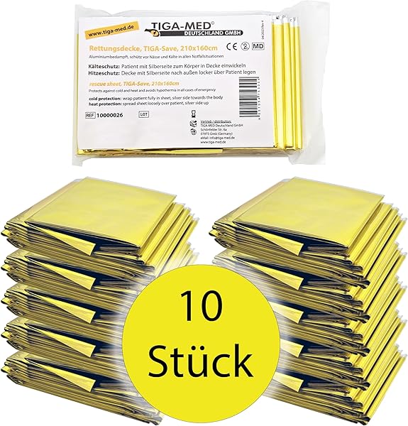 TIGA-MED Kurtarma battaniyesi 10'lu set (= 10 adet) altın/gümüş 210 x 160 cm ilk yardım acil durum dekorasyon masa örtüsü