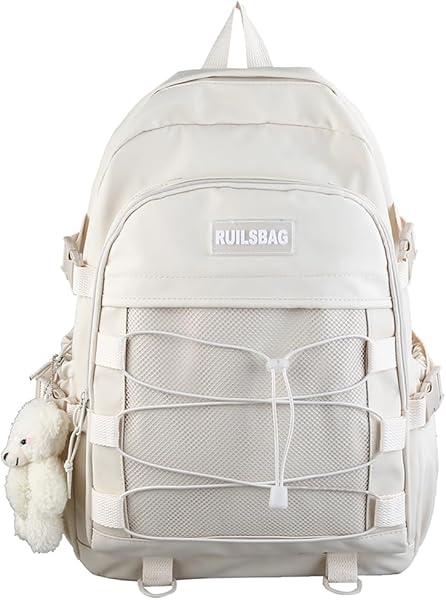 TIAASTAP Estetik Sırt Çantası Sevimli Kawaii Okul Sırt Çantası Düz Renk Ayı Kolye ile Okul Çantası Hafif Günlük Sırt Çantası 