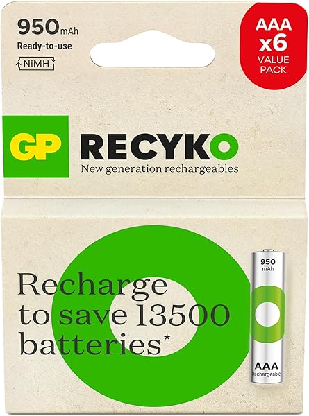 GP Batteries ReCyko 950mAh AAA İnce Kalem Ni-Mh Şarjlı Pil, 1.2 Volt, 6'Lı Kart