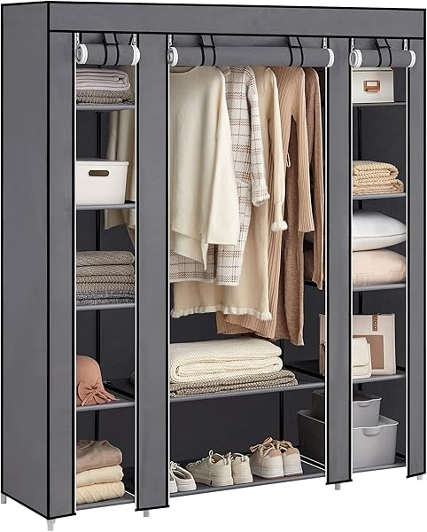 SONGMICS gardırop, kumaş gardırop, dokunmamış kumaş kapaklı, elbise askılı katlanır gardırop, 45 x 150 x 175 cm, 12 raf, meta