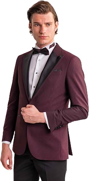 Dufy Bordo Erkek Modern Fit Çizgili Mono Yaka Smokin Takım - 61321