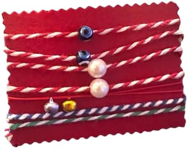 Marteniçka Bileklik, İnci ve Boncuk Süslemeli, Kırmızı-Beyaz İpli, El Yapımı 8 li set