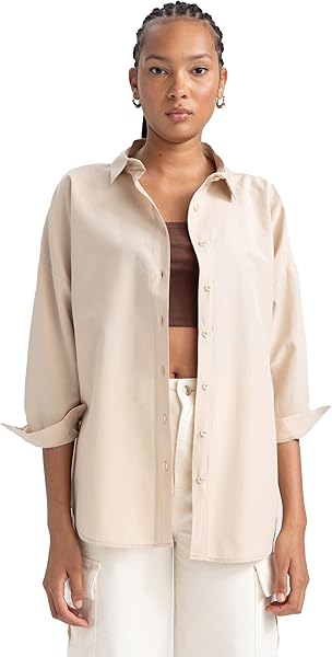 DeFacto Kadın Oversize Fit Gömlek Yaka Poplin Uzun Kollu Tunik