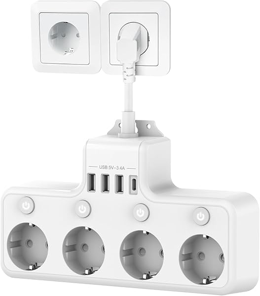 Techuoso Dörtlü Priz Bağımsız Anahtar 4 Soket ve 4 USB şarj Cihazıyla,Anahtarlı Akım Korumalı Çoklu Priz, Uzatmalı Priz, 4lü 