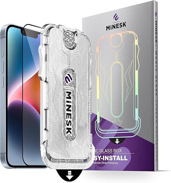 Minesk Magic GLASS iPhone 16E - 13-13 PRO - 14 için Ekran Koruyucu Otomatik Hizalama Yeni Nesil Güçlendirilmiş 9H Temperli Ca