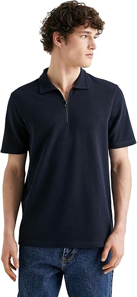 Yarım Fermuarlı Polo Tişört Kısa Kollu Dokulu