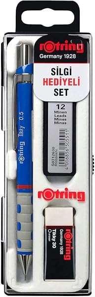 rOtring Tikky Mekanik Kurşun Kalem, Uç ve Silgi Seti, 0,5 mm Kalem, 2B Uç, Orta Boy Silgi, Mavi, 3'lü Set