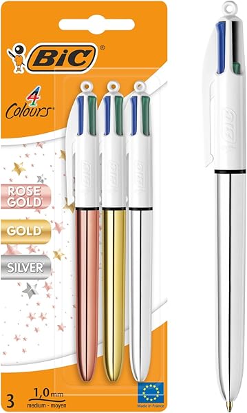 BiC 4 Colours Shine Pembe,Gümüş, Altın Gövde Tükenmez Kalem 3'lü Blister, 4 Renk Tükenmez Kalem (Mavi, Siyah,Yeşil ve Kırmızı