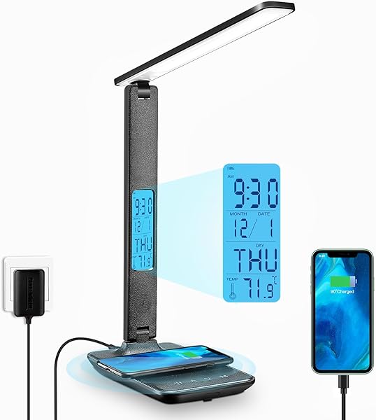 LAOPAO Çalışma masası lambası, LED kısılabilir, saatli, masa lambası, 3 renk ve 5 parlaklık seviyesi, göz dostu, yatak yan la