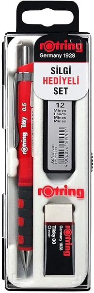 rOtring Tikky Mekanik Kurşun Kalem, Uç ve Silgi Seti, 0,5 mm Kalem, 2B Uç, Orta Boy Silgi, Kırmızı, 3'lü Set