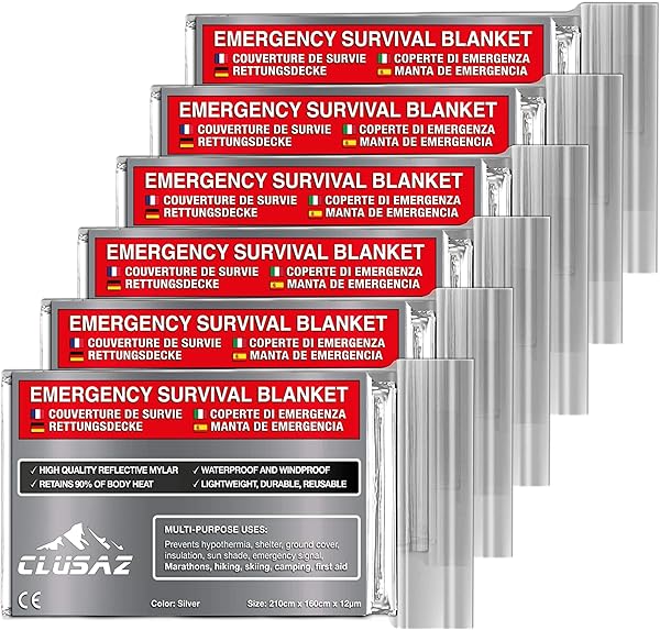 CLUSAZ 6 Hayatta Kalma Battaniyesi XL (210cm x 160cm), İlk Yardım Çantası, Hayatta Kalma Kiti, Yeniden Kullanılabilir Isı Yal