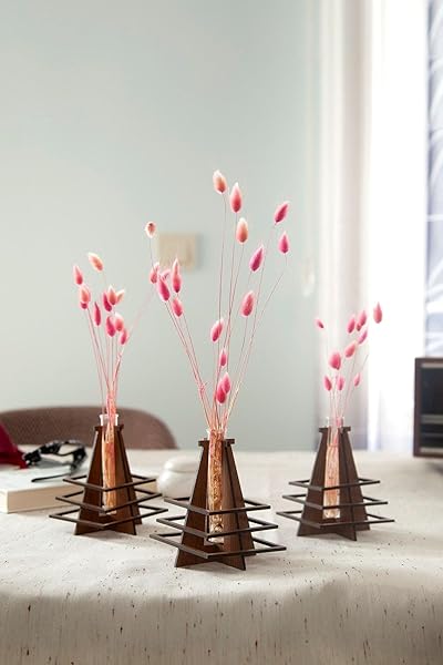 You Bella 3'lü Dekoratif Ahşap Vazo Seti - Siyah Ev Salon Ofis Çiçek Vazosu - Vintage Piramit Tasarım