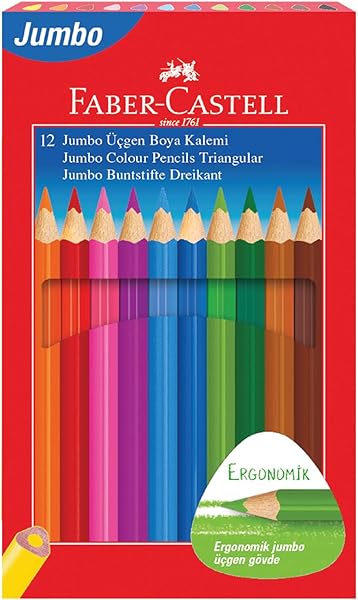 Faber-Castell Jumbo Kuru Boya Kalemi, 12 Renk, Çocuklar İçin Eğlenceli ve Kolay Tutuş, Ergonomik Üçgen ve Kalın Gövde, Kırılm