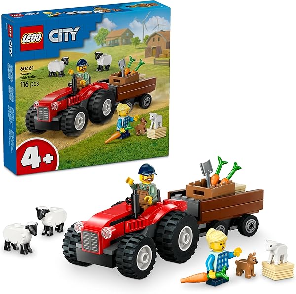 LEGO City Römorklu Kırmızı Çiftlik Traktörü ve Koyun 60461-4 Yaş ve Üzeri Çocuklar için Yaratıcı Oyuncak Yapım Seti, Doğum Gü