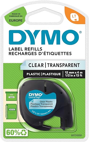 Dymo S0721530, LetraTag Plastik Şerit (12 mm X 4 mt), Şeffaf (12268)