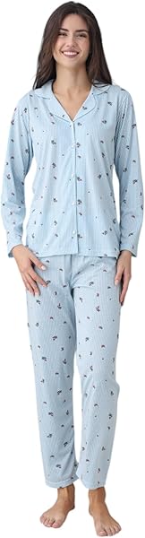 Kadın Çiçek Desenli Penye Süprem Pamuklu Kumaş Önden Düğmeli Gömlek Yaka Uzun Kollu Pijama Takımı