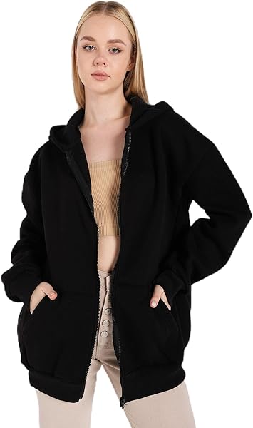 TrendSeninle Kadın Siyah Oversize Sweatshırt Fermuarlı-1