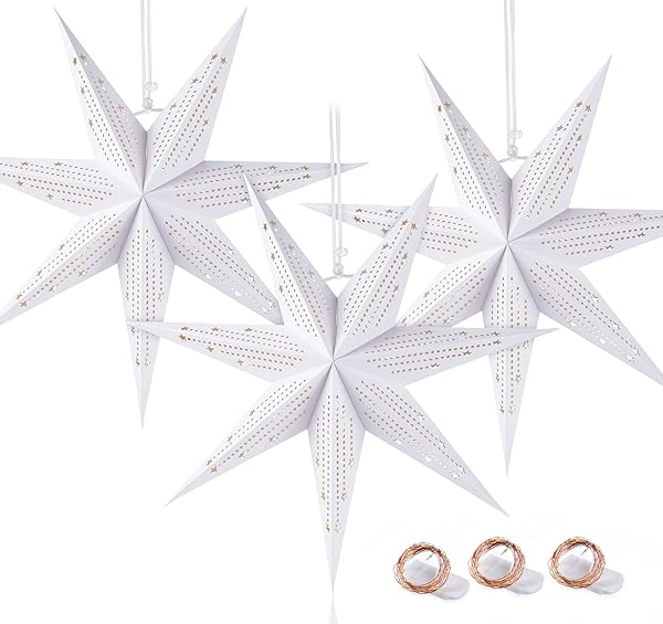 HOUISM Noel Yıldızı Kağıt Abajur 3 Işık Zinciri, Oyma Katlanır Yıldız Işık Gölge - Birinci Sınıf Kraft Kağıt Yıldız, Yılbaşı 