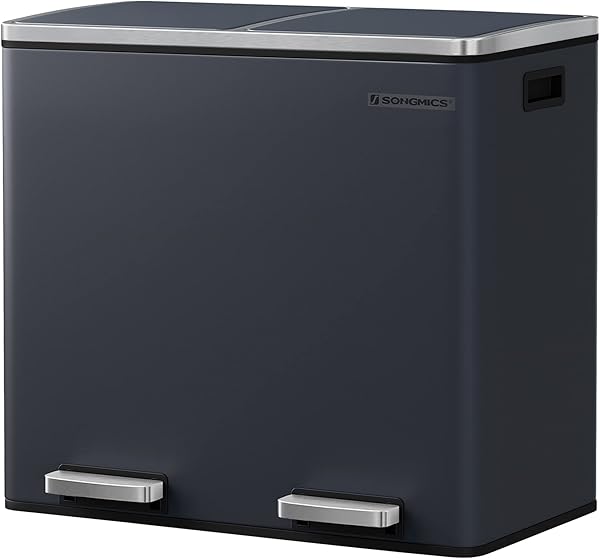 SONGMICS Ltb48Gs Mutfak İçin 2 Bölmeli Pedallı Çöp Kutusu 2 x 24L Yumuşak Kapanış Plastik İç Kovalı Çöp Kutusu, Ayak Pedallı 