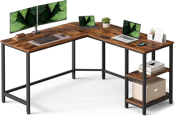 Vasagle Masa, L Şekilli Bilgisayar Masası, 2 Raflı Köşe Masası, Ofis ve Oyun Masası, Endüstriyel Tasarım, Vintage Kahverengi 