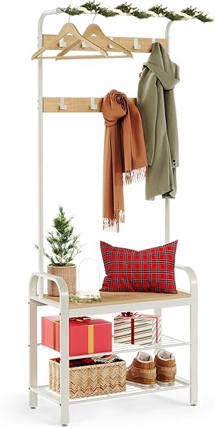 VASAGLE portmanto, portmanto, 9 çıkarılabilir kancalı elbise askısı, oturaklı ayakkabı askısı, 3 raf, yükseklik 183 cm, metal