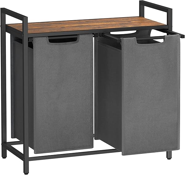 VASAGLE Çamaşır Sepeti 2 Bölmeli, Raflı Çamaşır Torbası, Çamaşır Kutusu, Oxford Kumaştan Uzatılabilir Çamaşır Torbası, Metal 