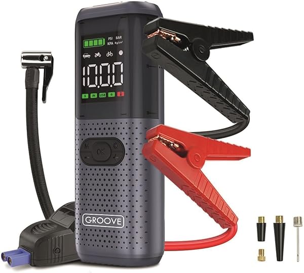 GROOVE HCB002 22000mAh 2500A Akü Takviye Cihazı + Lastik Şişirme Kompresörü Taşınabilir Jump Starter (Kompresör+Powerbank+Led