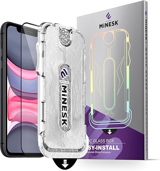 Minesk MAGIC GLASS iPhone 11 - XR için Otomatik Hizalama Aparatlı Ekran Koruyucu (Güçlendirilmiş Temperli Cam) Takılırken Toz