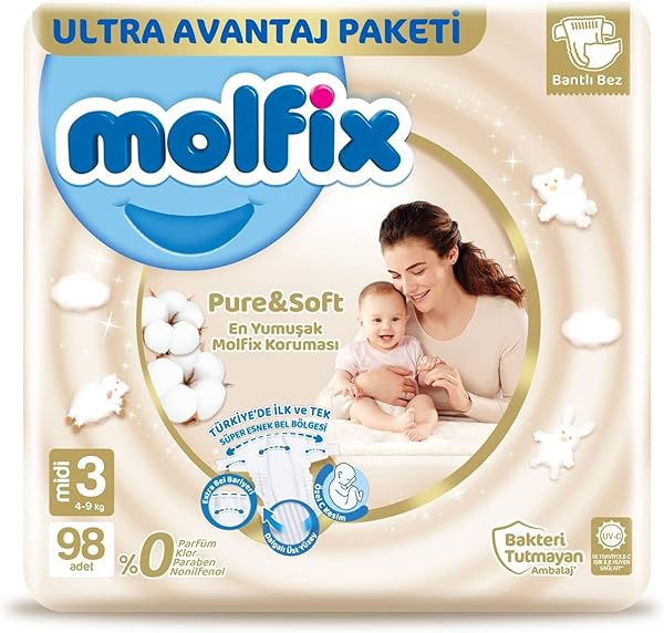 Molfix Bebek Bezi Pure&Soft Midi 3 Beden Aylık Paket 98 Adet
