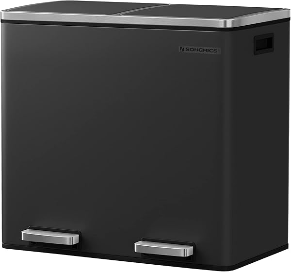 SONGMICS 2 Bölmeli Atık Ayırma Sistemli Pedallı Çöp Kovası, Atık Kovası, Mutfak İçin, 2 x 24 L, Yumuşak Kapanmalı, Plastik İç