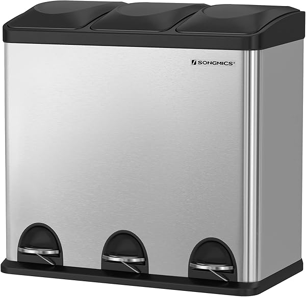 SONGMICS 54 Litre Pedallı Mutfak Çöp Kovası, 3 Bölmeli, İç Kovalar, Atık Ayırma İçin 6 Etiket, Atık Ayırma Sistemi, Gümüş-Siy