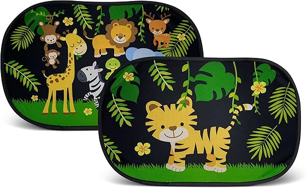 HECKBO 2 x araç güneşliği, 8 vantuzlu, orman hayvanları motifli, 48 x 31 cm, araç pencere yan camı, güneş koruması, yan cam, 